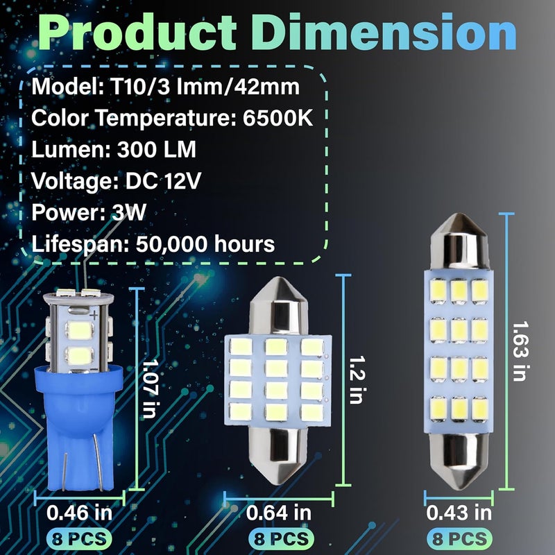 ecocstm 24 PCS Interior Led Dome Lights for Cars, 194 T10 DE3175 578 31mm 42mm Luces Led Para Carro, Accesorios Para Carro for Car Map License Plate Door Side Marker Cornering Trunk Light (Ice Blue) - Image 2